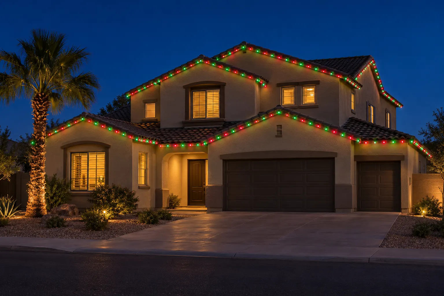 Arizona home at night with red and green permanent lights along the roofline